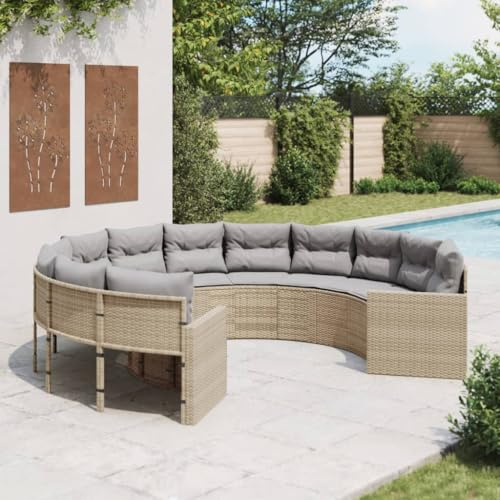 LoogCape Rundes Gartensofa Beige aus Poly-Rattan, 287 cm Durchmesser, mit 18 Kissen, abnehmbaren Bezügen, UV-beständigem Outdoor-Loungeset für Terrasse und Garten