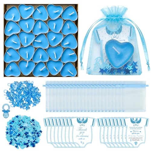 Blue Baby Shower Favors for Guests – 50 Sets Tea Light Candle Party Favours with Thank You Cards, Organza Bags & Decorative Mini Pacifier Charms, Baby Boy Shower Table Decorations & Guest Gifts