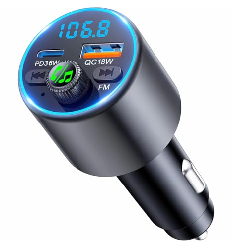 EOIWUY Uppgraderad Bluetooth 5.3 FM-sändare för bil, [snabbladdning] Auto Bluetooth med PD36W och QC3.0, [Skarp & Kraftfullt Hi-Fi Sound] Mono-förstärkare Bluetooth-adapter Bil Cigarettändare