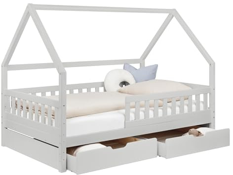 Ehrenkind® Hausbett 120x200 cm Hellgrau mit 2 Schubladen, Kinderbett & Bodenbett mit Rausfallschutz und Rollrost, Montessori Bett