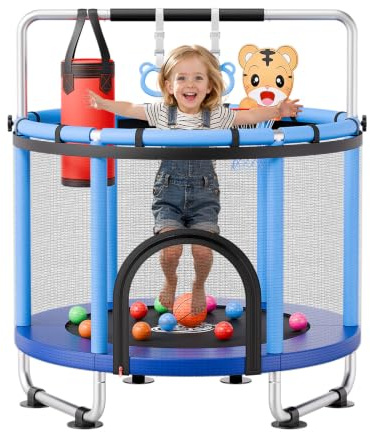 VEVOR Trampoline pour Enfants 142 cm Mini-Trampoline Charge 60 kg Bleu, pour Tout-Petits Intérieur Extérieur, Stable, Rond, avec Filet de Sécurité, Barre de Gymnastique Réglable et Accessoires