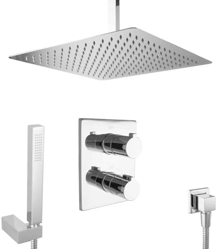 PaulGurkes Dusch Set 40cm Unterputz Regendusche Thermostat Deckenmontage Deckenarm Luxusdusche eckig Rainshower XXL Edelstahlduschkopf Duschtempel