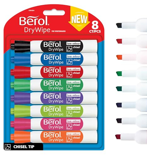Berol - marqueur pour tableau blanc à pointe biseautée effaçable à sec Lot de 8 coleurs assorties
