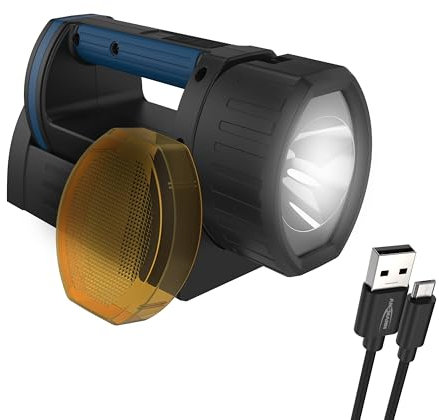 ANSMANN Extrem heller LED Handscheinwerfer, 5200mAh Akku aufladbar über Micro USB & Ladeaschale,3 Leuchtmodi, verstellbarer Lampenkopf, Notbeleuchtung