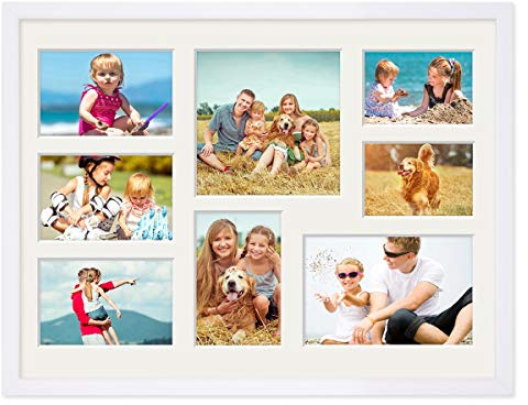 PHOTOLINI Bilderrahmen für 30x40 Weiss Holz aus MDF, Fotorahmen 30 x 40 cm mit Passepartout für 8 Bilder, bruchsicheres Acrylglas, 40 x 30 zum Aufhängen, Zubehör - Rahmen 30x40 für Fotos & Poster