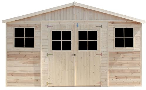 Casa da giardino in legno naturale CON PAVIMENTO IMPREGNATO A246x418x220 cm/8 m²- Magazzino esterno con finestre - Capanno da giardino - Bici, Deposito attrezzi e rimessa TIMBELA M332+M332G