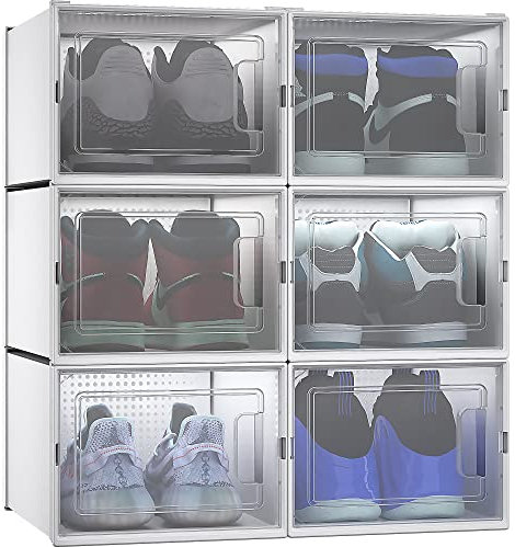 YITAHOME Scatole per Scarpe, Pacco da 6 Contenitori per Scarpe, Organizzatori Porta Scarpe Pieghevoli e Impilabili, con Porta Trasparente e Fori di Ventilazione, Fino a Taglia 46, Bianco