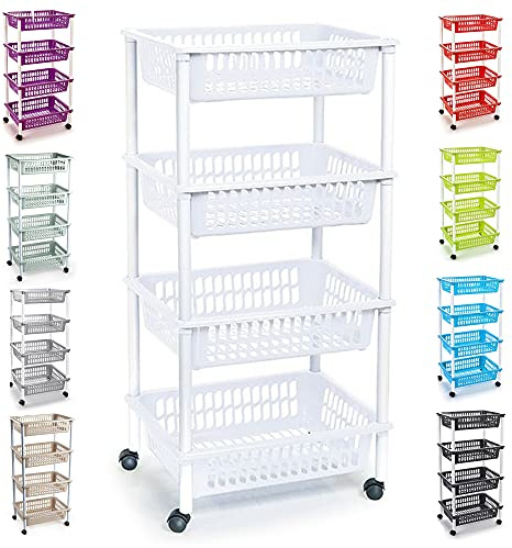 Plastic Storage Trolley Unit with Wheels Utility Kitchen Cart Vegetable Rack Fruit Basket Corner Shelf for Kitchen Bedroom Bathroom Living Room Office (4-Tier - White)