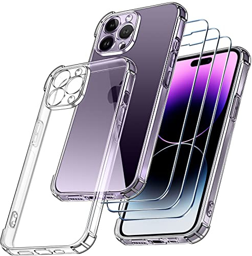 ivoler 4 in 1 Klar Hülle für iPhone 14 Pro 6.1 Zoll, 1 Handyhülle mit 3 Stück Panzer Schutz Glas, Transparent Stoßfest [Kameraschutz] Schutzhülle Dünne Weiche TPU Silikon Durchsichtige Kratzfest Case