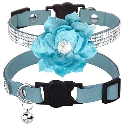 haoyueer Strass-Halsbänder für Hunde und Katzen, mit Glöckchen, glitzernd, mit weichem Samt-Kristall, für Mädchen, Blau 1
