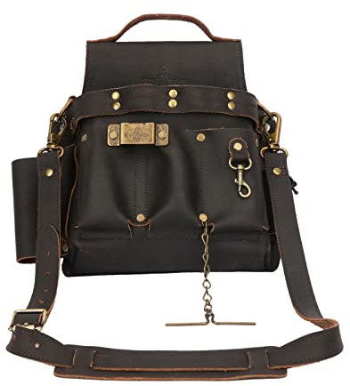 TOURBON Leather Tool Pouch with Shoulder Strap, Belt Tool Organizer for Wrench Screwdriver Chisel Folding Knife Tape Measure Plier, Carpenter Construction Framers Handyman Electrician's Tool Bag