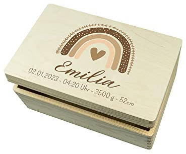 wunderwunsch - Personalisierte Erinnerungsbox Baby mit Hochwertigem Druck - Individuelle Erinnerungsbox - Niedliche Erinnerungskiste aus Holz - Geschenk zur Geburt beige S-Klappdeckel