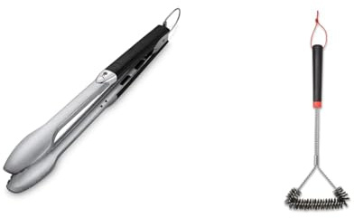 Weber Premium Grillzange (43cm), aus Edelstahl, mit Komfortgriff und praktischem Verschlusssystem & Three-Sided Grill Brush Dreiseitige Grillb rste, 46 cm, Schwarz/Silber, 6278