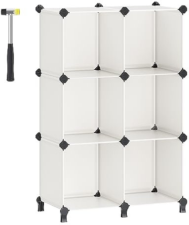 SONGMICS 6 Cube Storage Unit, Modular Plastic Cube Storage Organiser with Feet, Shoe Rack, Each Cube 30 x 30 x 30 cm, Living Room, Bedroom, Study, with Rubber Mallet, Cream White LPC111M01