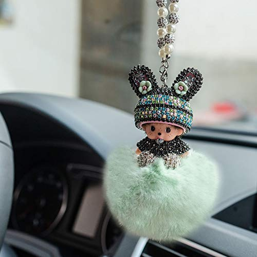 Auto Rückspiegel Ornament,Bling Strass Rückspiegel Anhänger Süße Puppe Plüsch Ball Auto Hängende Anhänger Niedlich Auto Spiegel Anhänger Auto Innen Dekoration Geschenke für Frauen Männer-Blau #2