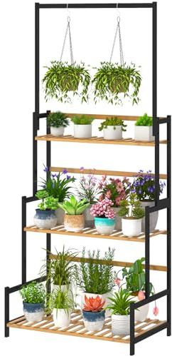 Ufine Bamboo Hanging Plant Stand 3 Tier Ladder Shelf with Hanging Rod Height Adjustable Flower Pot Display Organizer for Balcony Porch Living Room