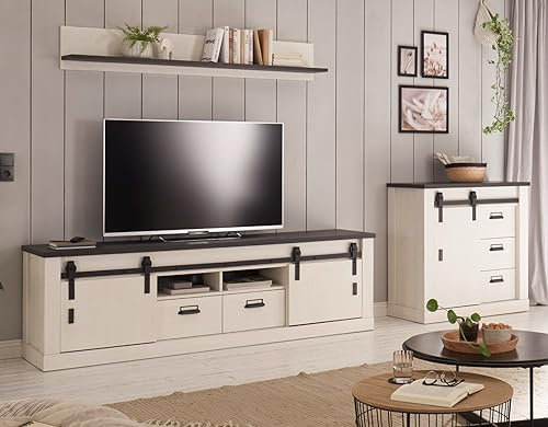 Wohnwand Wohnzimmer Schrankwand in weiß Pinie Holz und grau/anthrazit Set 3 teilig im Industrial Design mit Lowboard, Kommode und Wandregal Stove (Set 1)