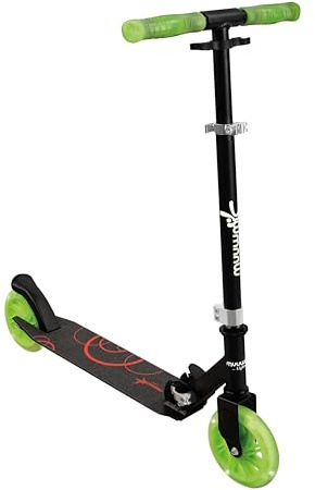 Muuwmi Lights Aluminium Scooter Glow - 145 mm Räder - ABEC 7 Lager - Höhenverstellbarer Lenker - Geeignet für Kinder - GS-Zertifiziert - Bis zu 100 kg - mit Leuchtrollen - Tretroller in grün-schwarz