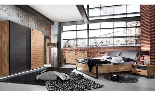 Lomadox Schlafzimmer Set 5-TLG. mit Bett 180x200, Schwebetürenschrank 300cm, Kommode, 2 Nachttische in Eiche mit Stahl Nb., Industrial Design
