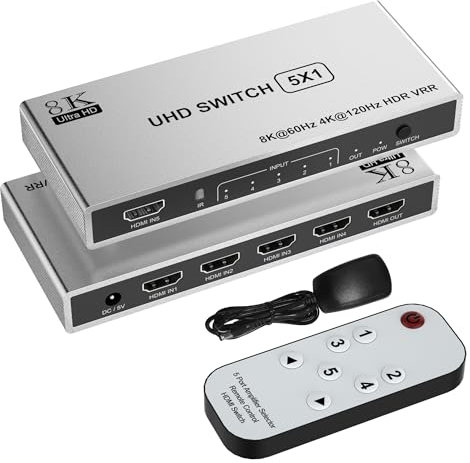 Commutatore HDMI 5 in 1 Out 4k@120hz/8K@60Hz, 5×1 HDMI 2.1 Selector Box in alluminio con telecomando IR, 5 porte HDMI Switcher Splitter per PS5 PS4 Xbox PC TV