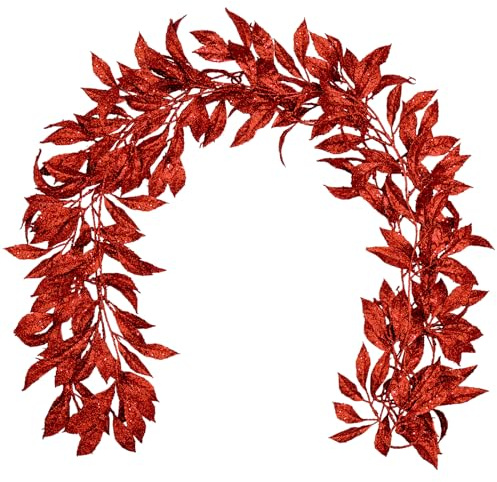 Hollyone 3 Stück Weihnachten Girlande Glitzer, 183cm Magnolien Blätter Girlande, Rot Weihnachtsbaumschmuck Indoor Outdoor Hängende Girlande Ornamente für Fest, Feiertage, Kamine Deko