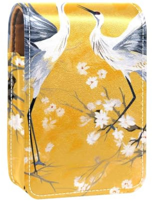 Étui à Rouge à lèvres,Organisateur de Rouge à lèvres en Cuir avec Miroir,Grue Oiseau et Fleur