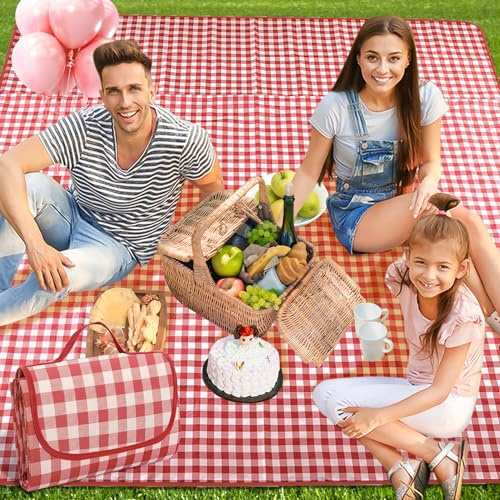 FFTANXS Picknickdecke 200x200 cm,Stranddecke XXL,Campingdecke mit Tragegriff,Faltbare strandmatte wasserdicht waschbar,Anwendbar auf Outdoor, Strand, Picknick,Badedecke für 3-6 Personen(Rot)