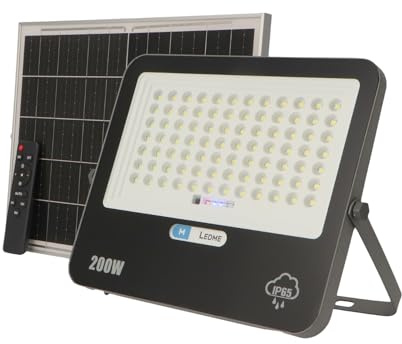 M Ledme - Foco Solar Led 200W con mando a distancia, 2800 lumens, regulable intensidad de luz, IP65, Color Luz Fría (6000k), batería de gran capacidad 20.000 mAh. Longitud del cable 2,10M