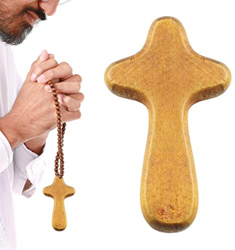 Monozoz Crocifisso in legno da 10 cm, realizzato a mano a Betlemme, crocifisso in legno fatto a mano, comodo da tenere in mano, croce in legno con custodia, ideale per preghiera cristiana