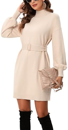 KOJOOIN Abito in Maglia da Donna a Maniche Lunghe Dolcevita Elegante Tunica Pullover Con Cintura Beige M