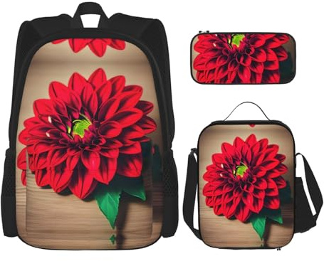 MDATT Sac à dos rétro en bois avec motif floral rouge dahlia avec boîte à déjeuner, trousse à crayons, sac de voyage en toile pour élève du primaire, Noir , Taille unique, Ensemble cartable