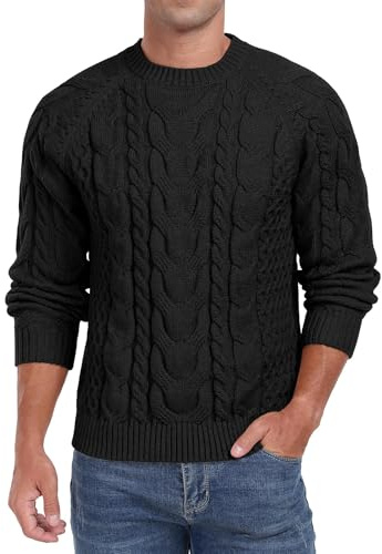 QIXING Maglione da uomo con motivo a treccia, con scollo rotondo, morbido, casual, a maniche lunghe, testurizzato, per uomini, Nero , XL