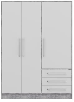 möbelando Drehtürenschrank >Jupiter < 3 Türen, 3 Schübe, Betonoptik/Weiss - 144,6x200x60 (BxHxT)