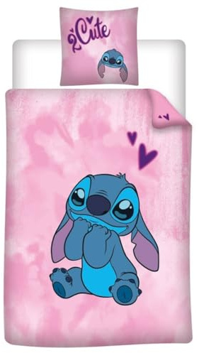 Stitch 2Cute Rosa Bettwäsche 140x200 + Kissenbezug Mischgewebe | Wendebettwäsche Einzelbett | Baumwoll-Mischgewebe schnelltrocknend | Disney Lilo & Stitch | Jugendliche | Maschinenwaschbar