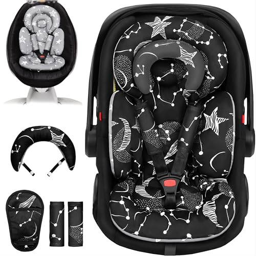 Tinlyfinly Infant Car Seat Insert with Removable Cushion for Preemie to Toddler, Reversible Newborn Carseat Insert for Baby Head Body Support, Fits for Stroller, Baby Swing, Bouncer (Black Star)