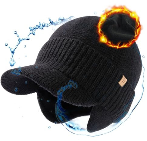 TOP-EX Berretto impermeabile con visiera in 80% lana merino, con paraorecchie, invernale, caldo, foderato in pile, cappello da newsboy Baker Boy per la stagione fredda, stile unisex, 55-66 cm, Nero