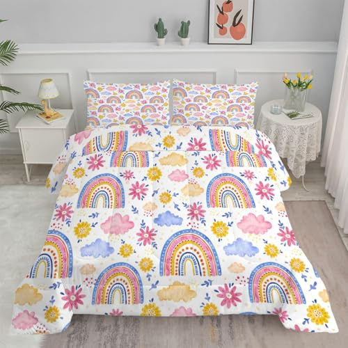 LSSLK Rosa Bettdecke 135x200 4 Jahreszeiten, Wende Regenbogen-Muster Steppdecke Schlafdecke Bettdecke ohne Bezug Waschbar, Weiche Ganzjahresdecke 135x200 mit 2 Kissenbezug 80x80 cm