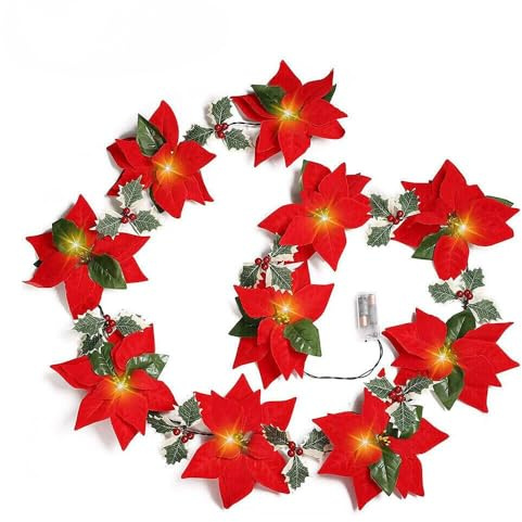 6.56FT Poinsettia Christmas Flower Garland String Lights - Battery Operated Xmas Tree Ornaments Artificial Garland with Red Berries Holly Leaves for Indoor Home Thanksgiving Holiday Decor