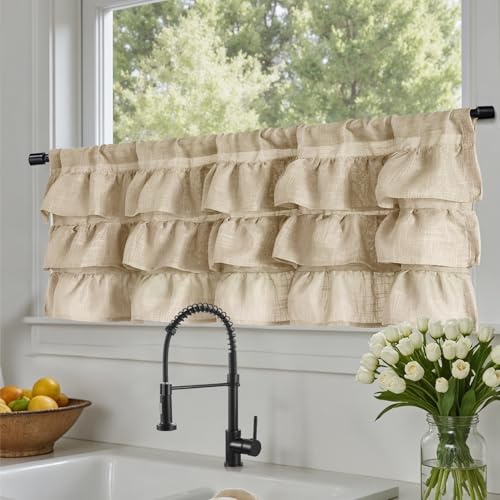 TOPICK Küche Scheibengardinen mit Rüschen Braun Leinen Bistrogardine für Klein Fenster Kurzstore Gerüschte Küchengardinen Landhausstil Lichtdurchlässig Vorhänge Kurz Bauernhaus 125Bx45H (cm)