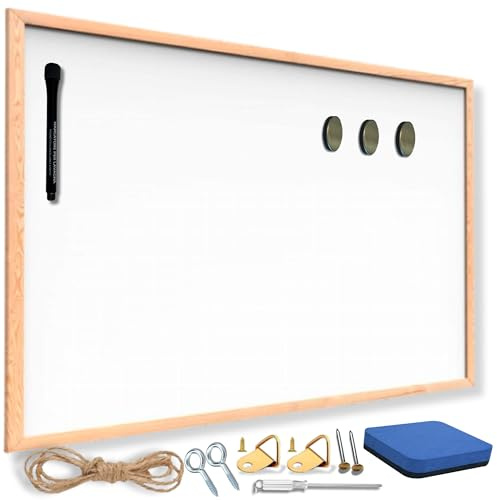 Lavagna Cancellabile Magnetica Bianca Con Cornice In Legno Di 60x40 Cm Ideale Per Ufficio, Casa, Scuola + Accessori: 1 Pennarello (Nero) + Cancellino + Accessori per Montaggio + 3 Magneti.