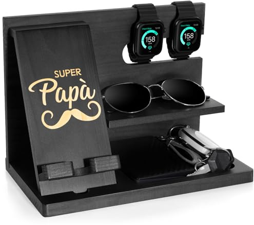 AliveByte Docking Station in Legno per Smartphone Uomo - Organizer da Notte con Supporto per Portafoglio e Orologio - Idea Regalo per Papà, Compleanno, Anniversario e Feste del Papà
