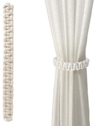 4 Pack Braided Curtain Holdbacks, Bendable Curtain Tiebacks, Hand-Woven Rope Curtain Holdbacks,Farmhouse Boho Curtain Ties for Home Outdoor Bedroom Office Drapes Decorative (White)