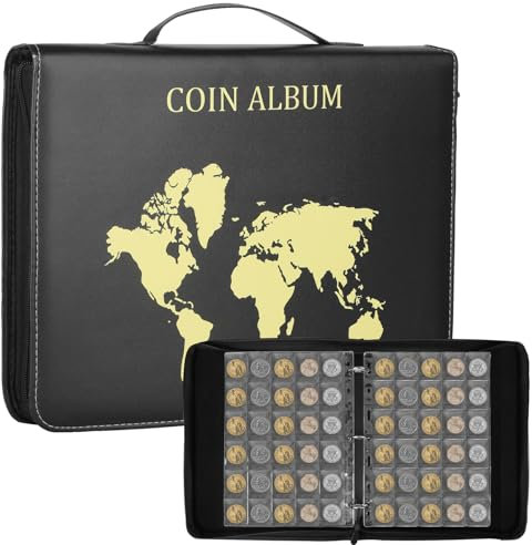 KOMABLEN 480 Schwarz Taschen Münzalbum, 16 Seiten 35x35mm Münzen Hüllen Sammelalbum, Münzsammelalbum mit Reißverschlüsse, Münzen Aufbewahrung Münzsammelorganisator für Euro, Pfund, Pence