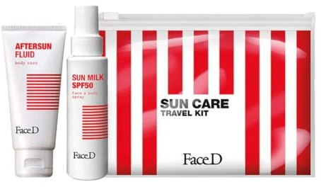 Face D - Sonnenpflege Reise-Set, Reise-Sonnenpflege, Spray-Lotion SPF 50 100 ml, After-Sun Fluid 75 ml und Kosmetiktasche