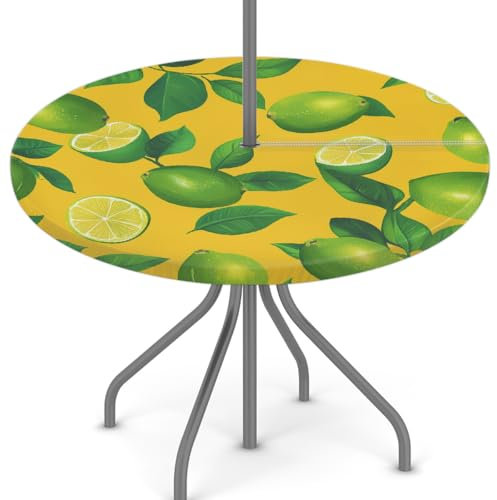Woltant Nappe ronde avec trou de parasol et fermeture éclair facile à nettoyer avec bords élastiques - Protection de table d'extérieur pour jardin, terrasse, barbecue (branche de citron jaune et vert)