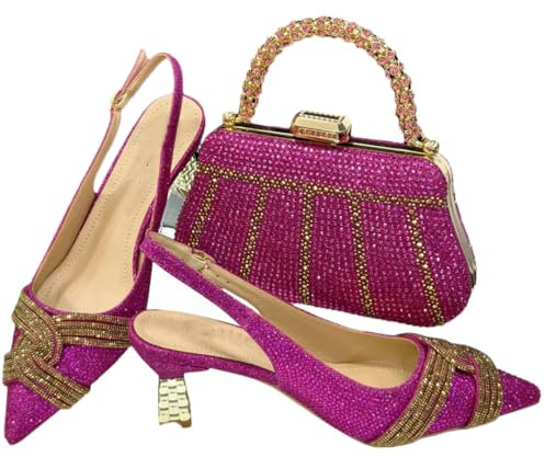 Wjnvfioo Juego de zapatos puntiagudos con diseño hueco negro con diamantes de imitación, juego de zapatos y bolsa de fiesta, fucsia para juego de 37