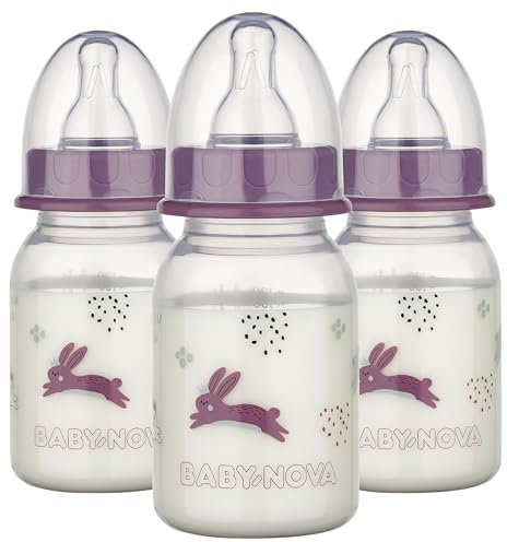 babynova Biberon 120ml con tettarella in silicone a flusso lento anti-colica per neonati - Prodotto in Germania - Senza BPA - Conigli