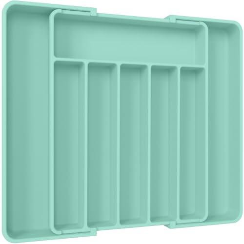 Aujen Cutlery Tray Drawer Organiser Kitchen Storage Green 34x4x50cm | Adjustable Multipurpose Utensil Organisation for Forks, Knives, Expandable Kitchen Accessories, Home Apartment Essentials