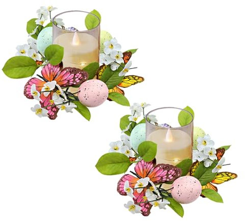Jenshhch Osterdeko Kerzenring 2 Stück Kerzenkranz Ostern Frühlingskranz Blumenkranz Für Stumpenkerzen Osterkranz Tischdeko Mit Dekoelementen (A)