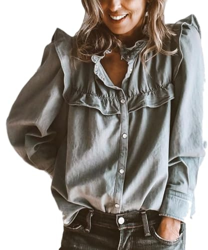 LIUYUYOUGO Camicia Elegante Donna Camicia da Donna in Denim con Bottoni A Pressione Maniche Lunghe Stile Western con Volant Colletto Alto Babydoll in Denim Camicette Grigie Jeans Strappati Tunica To